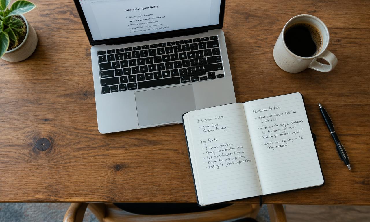 Top-down view of a desk with a laptop, handwritten interview notes, a pen and a coffee mug